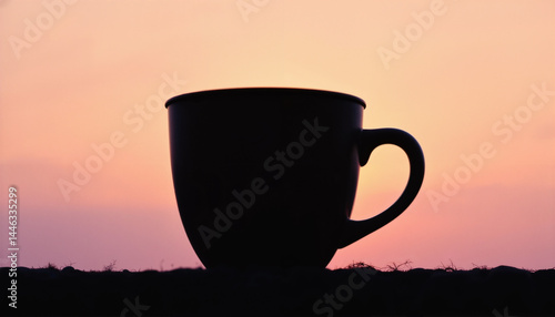 Silhouette of a coffee mug against a colorful sunset sky
