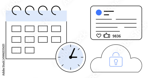 Calendar, clock, social profile card, and secure cloud highlight time tracking, social engagement, and data security. Ideal for productivity, scheduling, digital privacy social analytics online