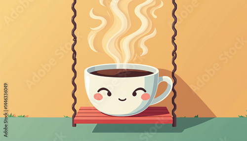 Cute animated coffee cup swinging with steam on a vibrant background