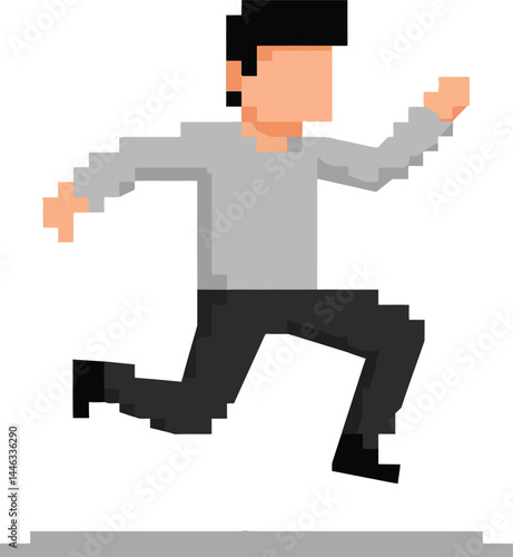 Pixel art style running man character jumping in midair with dynamic motion and shadow vector illustration 
