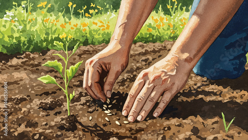 Gardener planting seeds in soil, vibrant watercolor illustration, nurturing hands, copy space