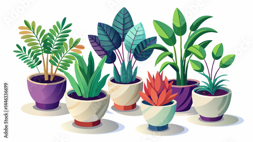 A stunning variety of ornamental plants in smooth ceramic pots.
Each pot showcases minimalist beauty and natural texture.
Leaves spread gently, adding life to every corner.
Isolated on white backgroun