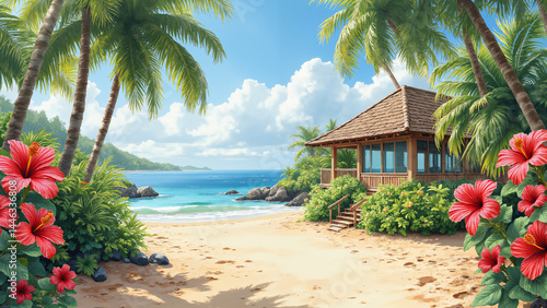 Tropical bungalow with palm trees and flowers on a sunny beach