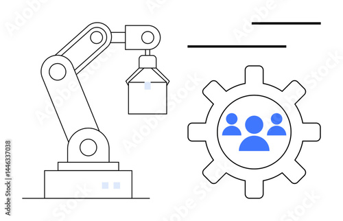 Robotic arm lifting an object next to a gear with group icon. Ideal for automation, teamwork, industry, technology, engineering, innovation, workforce. Flat simple metaphor