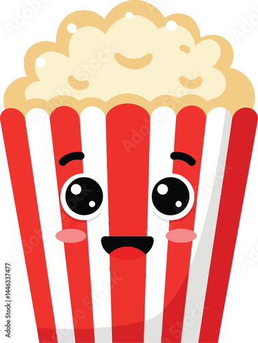 Cute popcorn box with red stripes and smiling face cartoon vector illustration for snack time design 