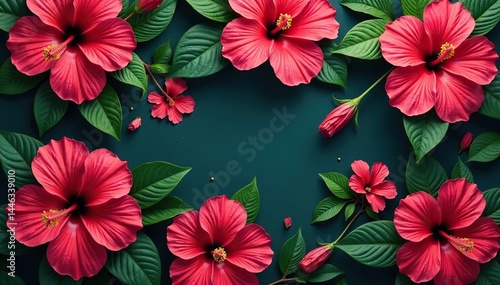 Vibrant hibiscus blooms, lush green leaves, repeating pattern , design, bright, seamless