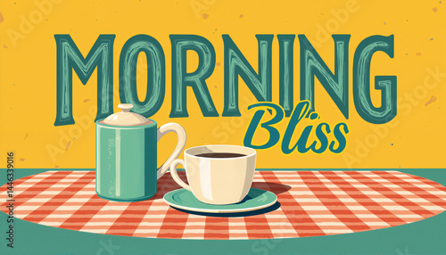 Colorful illustration of morning coffee with text ‘Morning Bliss’ on a checkered table