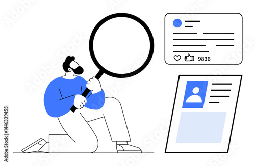 Man kneeling with magnifying glass examining social media profiles, engagement metrics, and post details. Ideal for concepts thumbs up digital analysis, social media marketing, audience research
