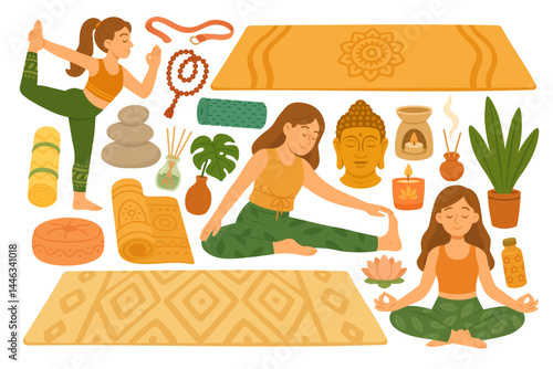 Vector illustration with yoga girls, props, plants and calming spiritual atmosphere.