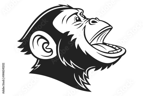 Monochrome Cartoon Gorilla Head Profile With Wide Open Mouth Showing Teeth Side View