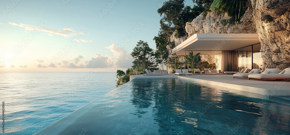 Fototapeta premium Modern coastal villa with infinity pool overlooking the ocean at sunset