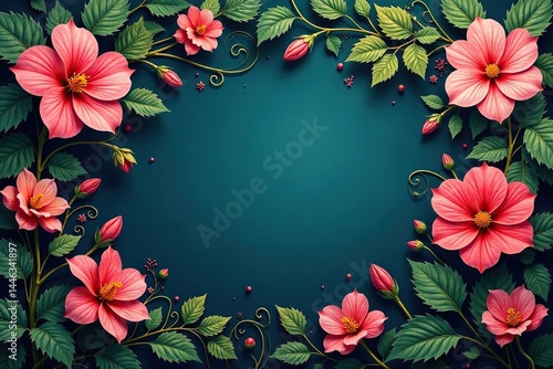 Intricate blooms, swirling vines, dense leaves, background, vintage