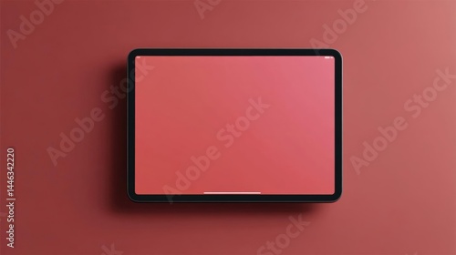 Flat lay of a black tablet with a red screen. the tablet is placed on a solid red background. the screen is blank, with no text or images on it.