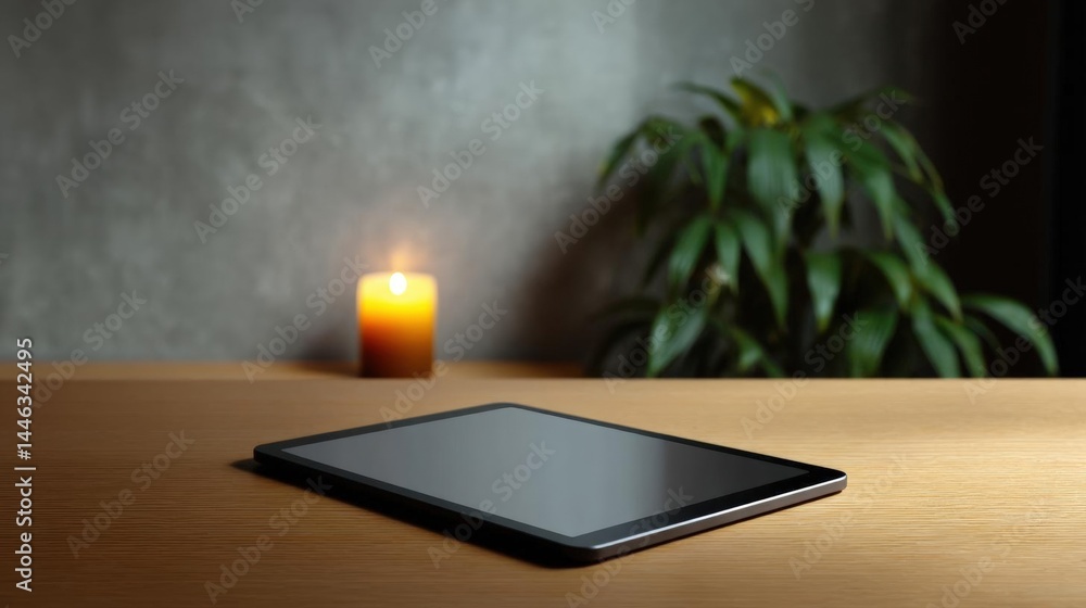 Wooden table with a black tablet on it. the tablet is placed in the center of the table and is facing towards the right side of the image. Wooden table with a black tablet on it. the tablet is placed in the center of the table and is facing towards the right side of the image.