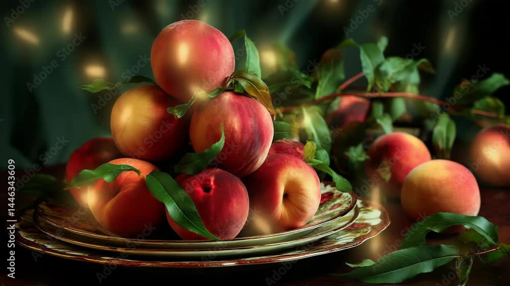 Still life of ripe peaches stacked on decorative plates, garnished with fresh leaves in a soft, artistic and inviting ambiance. Still life of ripe peaches stacked on decorative plates, garnished with fresh leaves in a soft, artistic and inviting ambiance.