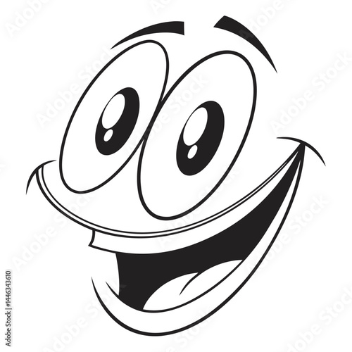 Cartoonish Face Expression Isolated, Outline Style. Wide Open Mouth, Smiling Face