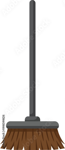 Broom with brown bristles and gray handle cleaning tool vector illustration for household chores and janitorial use 