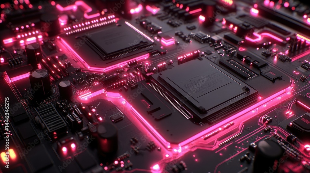 Fototapeta premium Glowing electronic circuit board in detail, pink illumination