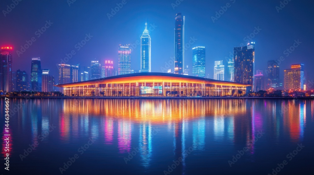 Fototapeta premium Night cityscape reflecting in water