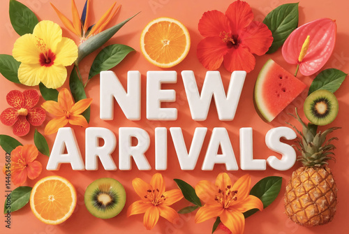 New arrivals banner with flowers and fruits concept of summer retail freshness and product promotion