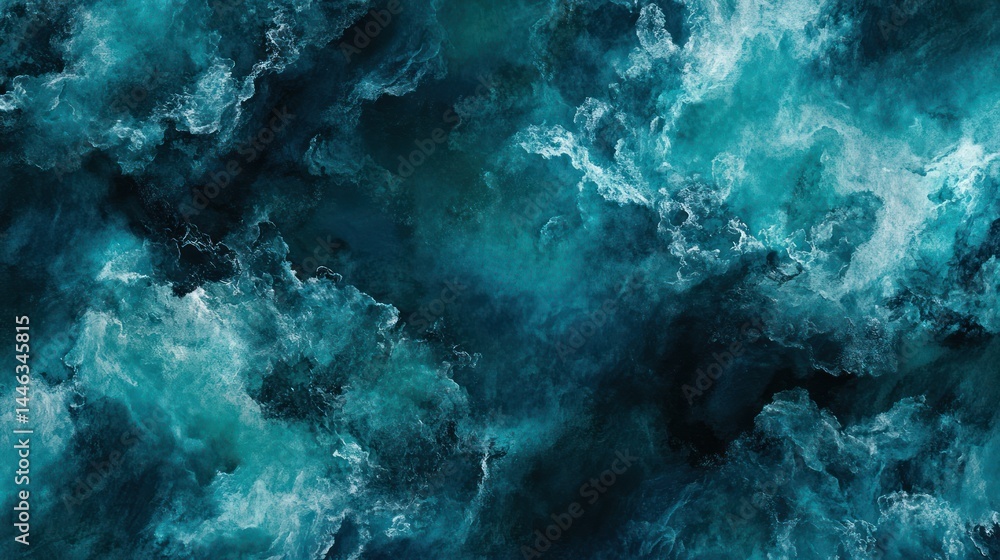 Fototapeta premium Deep teal ocean waves, frothy whitecaps, aerial view