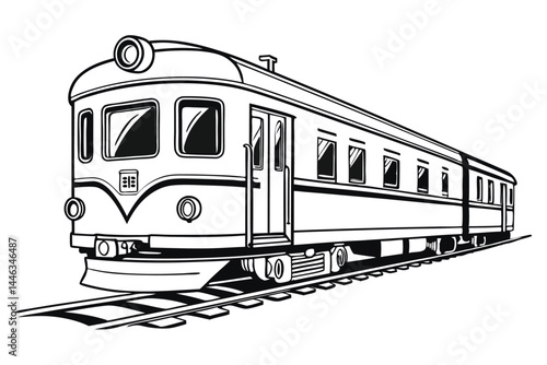 Line Art Train Retro Passenger Railcar on Tracks, Transportation Theme