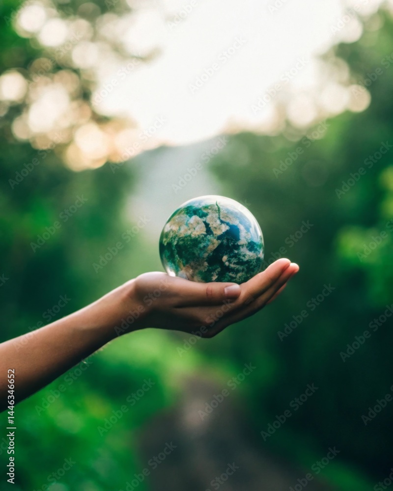 Hand gently holding small globe in nature background soft focus symbolic image of hope and environmental awareness Hand gently holding small globe in nature background soft focus symbolic image of hope and environmental awareness