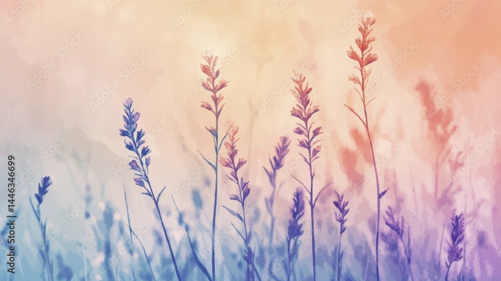 Fototapeta premium Pastel Floral Background of Lavender Stalks with Light Orange and Violet Tones on Painted Backdrop