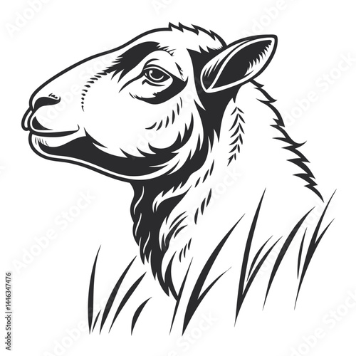 Wallpaper Mural Monochrome Silhouette Ram Head with Detailed Fur and Grass Design, Icon Torontodigital.ca