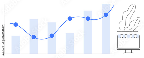 Graph with rising bars and connected dots shows trends and analysis, computer desk plant setup. Ideal for analytics, growth, productivity, data, business, opportunities, simple landing page