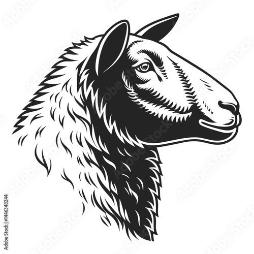 Detailed Silhouette of a Wooly Sheep Head Isolated on a White Background, Farm Animal