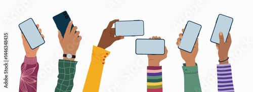 Raised up hands holding mobile phones with empty blank screen. People using smartphone. Hand drawn vector illustration isolated on white background, modern flat cartoon style.