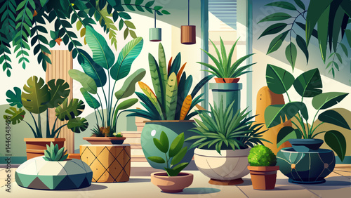 A curated plant collection in handcrafted ceramic planters.
Lush greenery meets contemporary form and finish.
Soft shadows and realistic modeling elevate the look.
Perfect for modern vector compositio