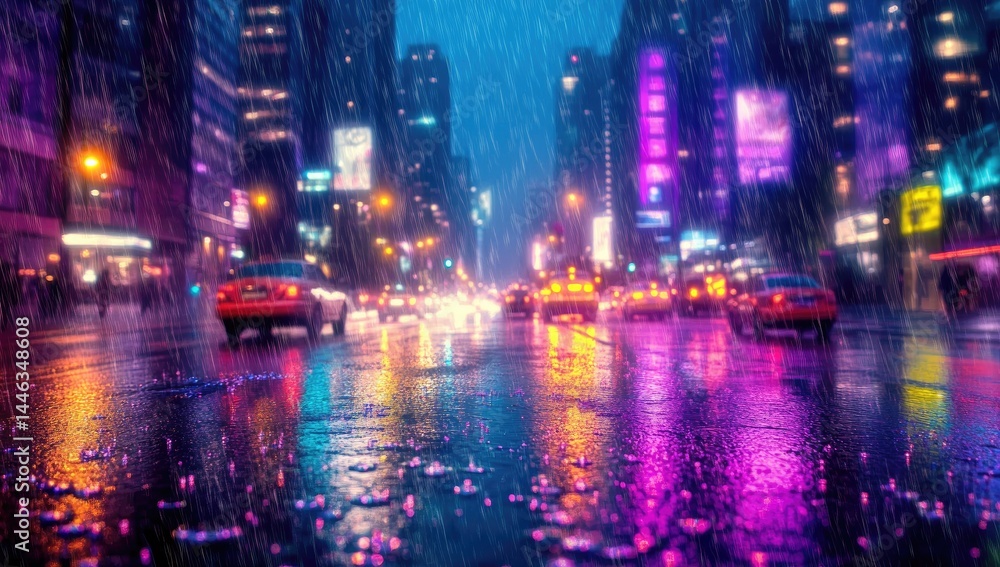 Obraz premium Rain-soaked city street at night, vibrant neon lights reflecting on wet pavement