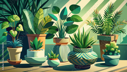 A curated plant collection in handcrafted ceramic planters.
Lush greenery meets contemporary form and finish.
Soft shadows and realistic modeling elevate the look.
Perfect for modern vector compositio