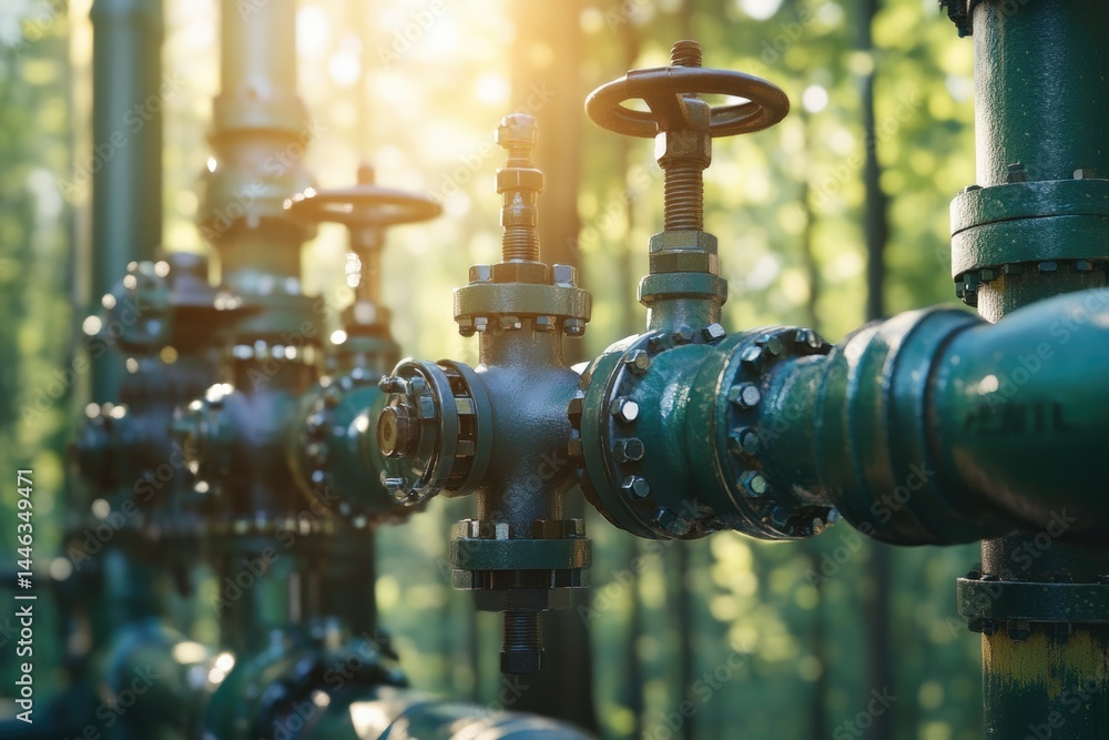 Industrial pipeline valves in a forest setting, showcasing intricate details and sunlight. Industrial pipeline valves in a forest setting, showcasing intricate details and sunlight.