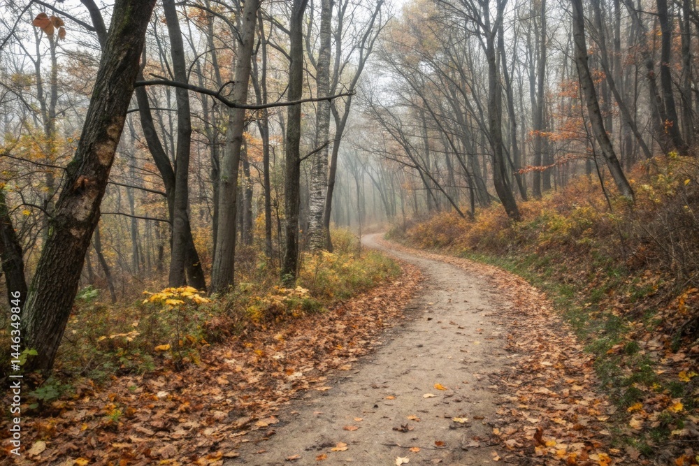 Fototapeta premium Winding path through an empty autumn forest nature scene dirt trail soft muted colors overhead view tranquil fall atmosphere