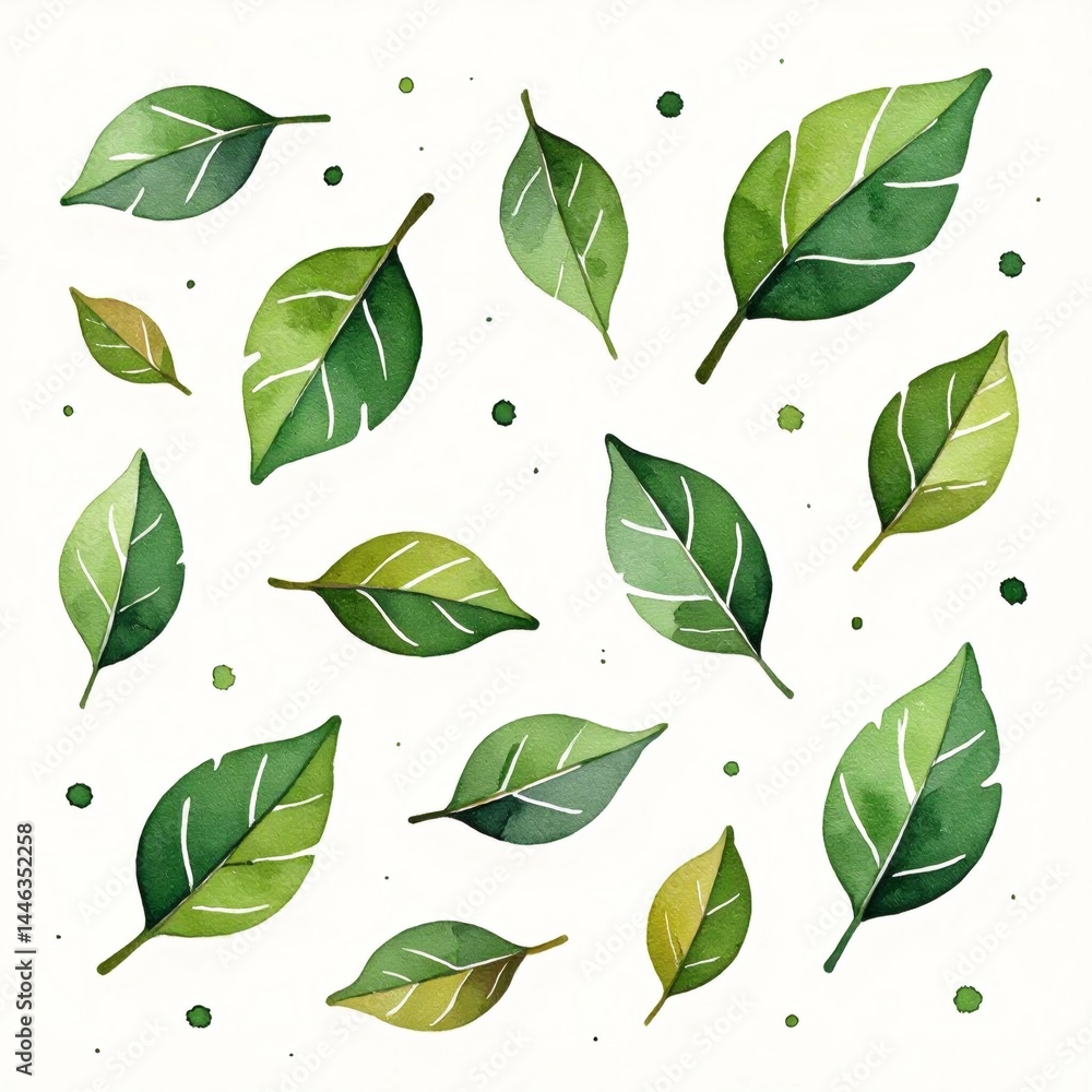 collection nine green leaves scattered randomly white background leaves different sizes shapes being larger others being smaller different shades green glossy texture leaves pointed tip while others collection nine green leaves scattered randomly white background leaves different sizes shapes being larger others being smaller different shades green glossy texture leaves pointed tip while others