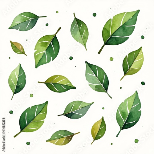 collection nine green leaves scattered randomly white background leaves different sizes shapes being larger others being smaller different shades green glossy texture leaves pointed tip while others