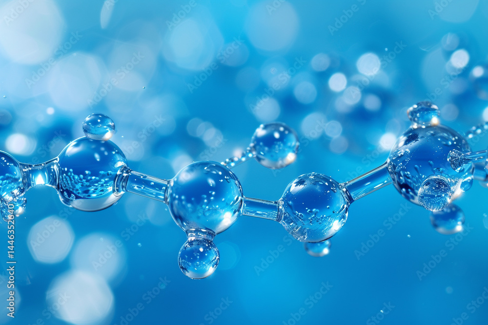 The blue molecule atoms structures on the blue liquid serum background depict the science of molecular water drop and DNA model structure, highlighting the medical significance of atoms The blue molecule atoms structures on the blue liquid serum background depict the science of molecular water drop and DNA model structure, highlighting the medical significance of atoms
