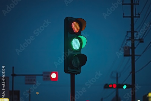 Nighttime traffic signal showing green light