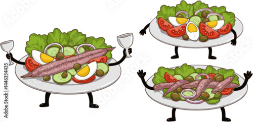French cartoon salad Nicoise on plate outline. Hand Drawn gourmet snack with anchovies and eggs, tomato and cucumber slices, lettuce. Cuisine of France mascot, traditional salad vector illustration