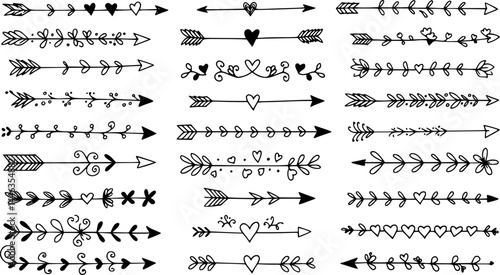 Cupids arrows white chalk line icons set on black chalkboard. Outline hand drawn vintage arrows with ornaments, fancy decor and hearts. Love, invitation mascot, dividers icons vector illustration
