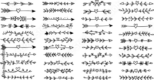 Cupids arrows white chalk line icons set on black chalkboard. Outline hand drawn vintage arrows with ornaments, fancy decor and hearts. Love, invitation mascot, dividers icons vector illustration