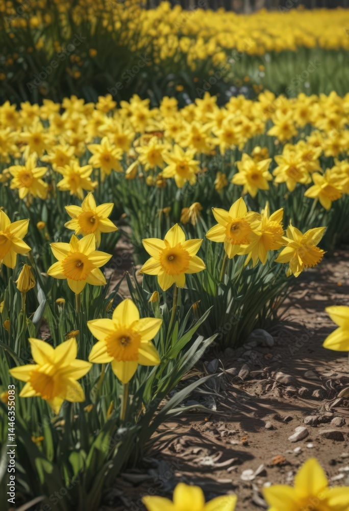 Obraz premium Sunlit field of vibrant yellow daffodils, petals gleaming , field, natural, close-up