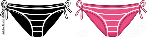Pink cartoon bikini panties with stripes and ties. Funny fashion swimsuit of girl, female thong model for beach party. Summer vacation, holidays mascot, set cartoon cute bikini vector illustration