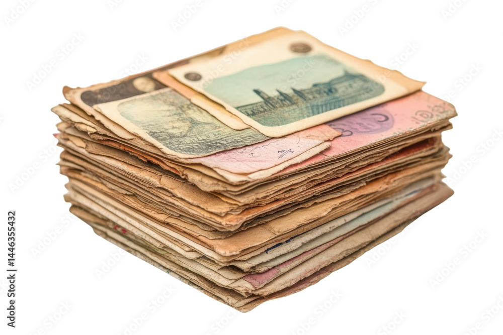A stack of aged banknotes and documents a glimpse into history s paper trail showing faded colors A stack of aged banknotes and documents a glimpse into history s paper trail showing faded colors