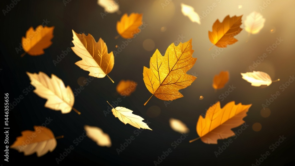 Obraz premium digital illustration group autumn leaves falling sky leaves various shades orange yellow representing colors autumn background black leaves scattered randomly across center single yellow maple leaf