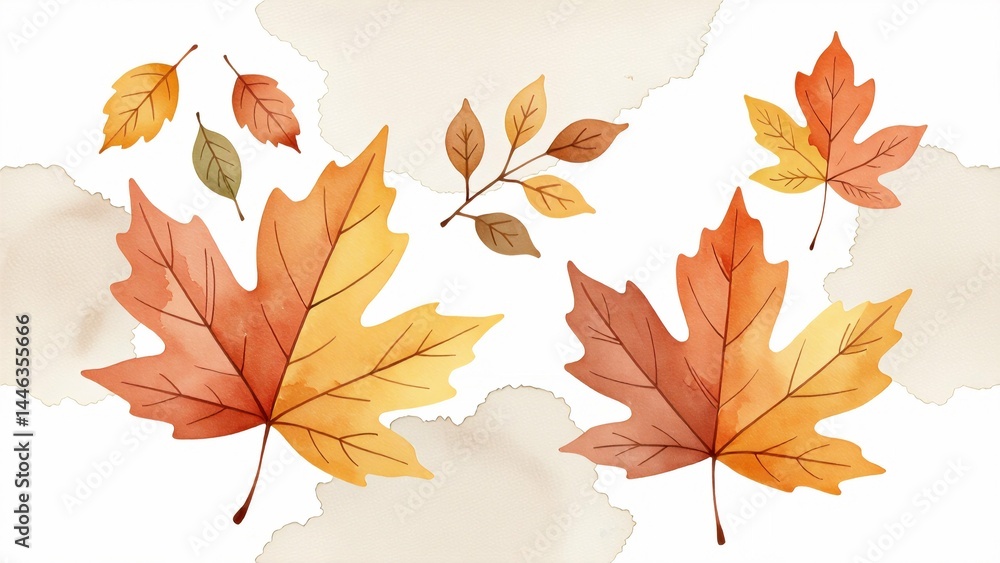 Obraz premium digital illustration autumn leaves six leaves total different color orange yellow brown leaves arranged scattered manner overlapping background light beige color few more leaves scattered around