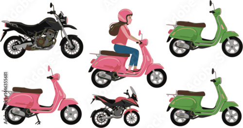 Scooters and motorcycle set vector illustration. Cartoon isolated different motor city transport collection with black modern motorbike, retro pink moped for girl driver, green scooter for travel